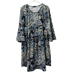Izuria Woman Dress Sz XL Long‎ Sleeve Bell Sleeves Stretch Paisley Floral Hippie